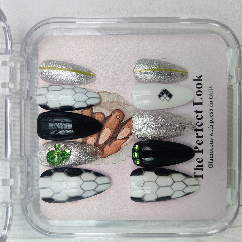 Black and Silver Press-On Nails with Green Accents